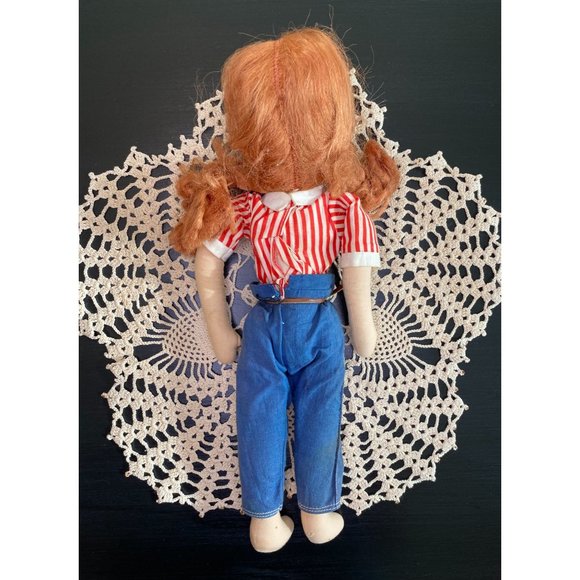 VINTAGE CLOTH DOLL - Celluloid Painted Face - 1950s - Red Hair - Green Eyes - Picture 3 of 8